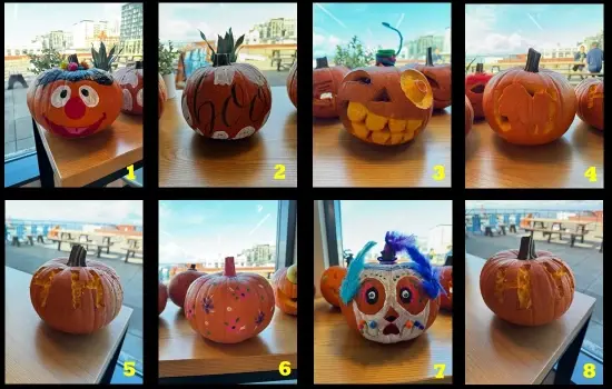 8 pumpkins that tms employees created at the pumpkin carving party in Seattle