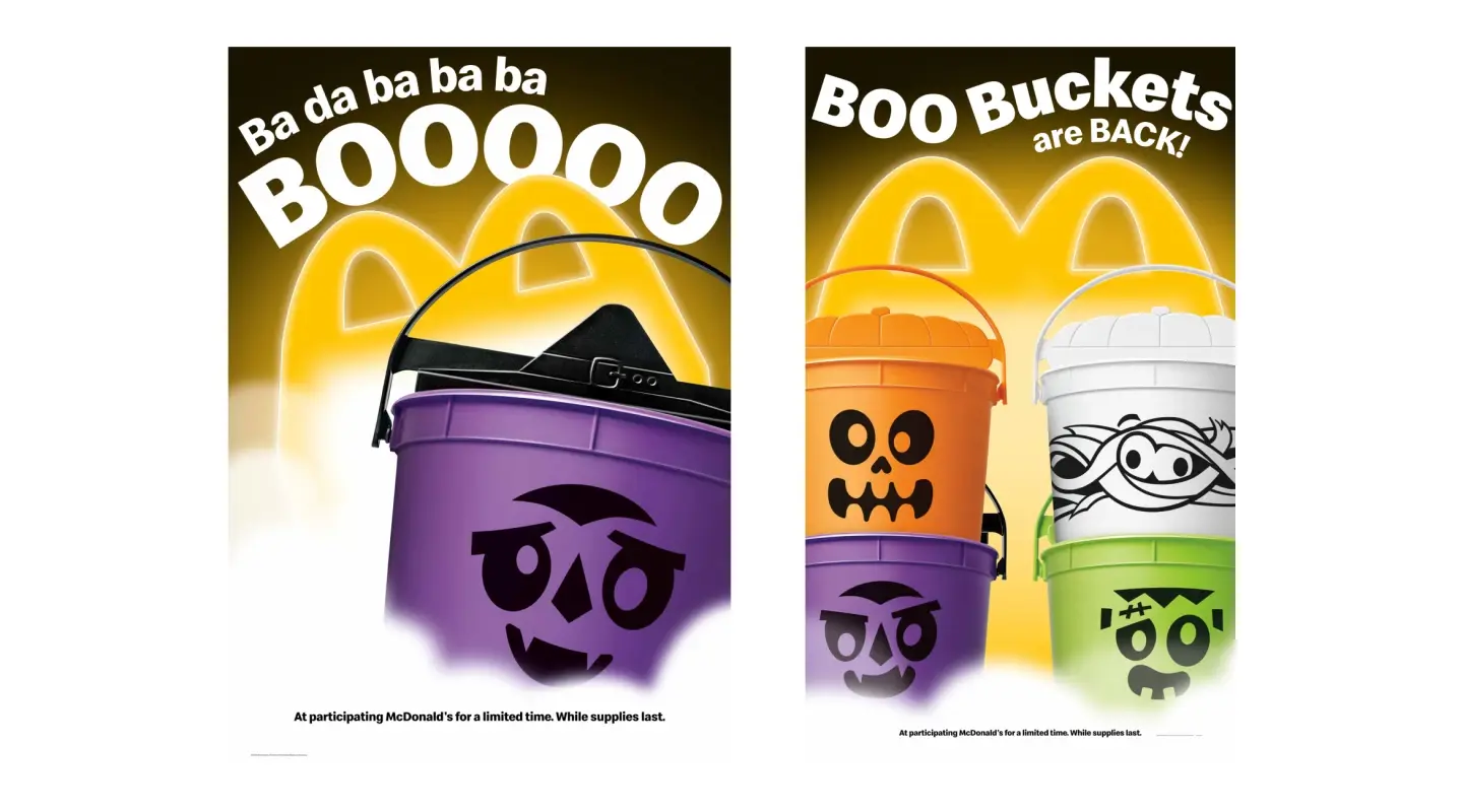 2 Boo ads side by side with the purple Boo Bucket on the left and the other four boo buckets stacked on the right