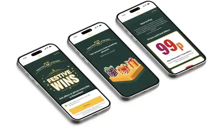 3 iPhone screens with the McDonald's 'Festive Wins' game pages on the phone screens.