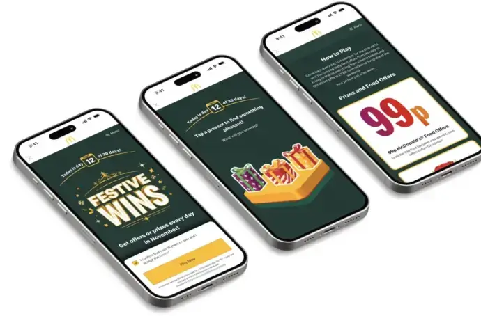 3 iPhone screens with the McDonald's 'Festive Wins' game pages on the phone screens.