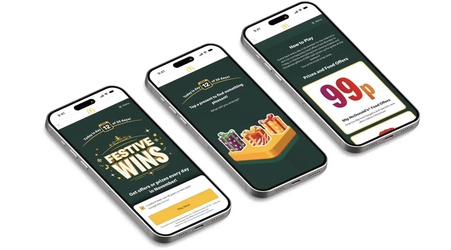 3 iPhone screens with the McDonald's 'Festive Wins' game pages on the phone screens.