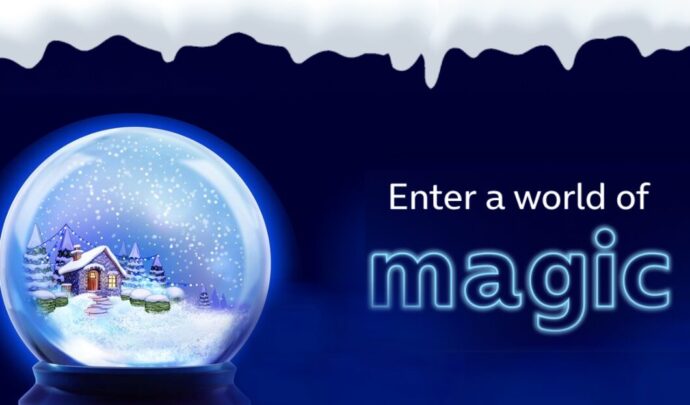 A snowglobe with the text "enter a world of magic" on the right