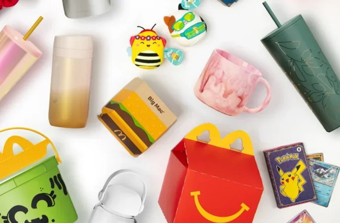 assorted mcdonalds and starbucks packaging and drinkware
