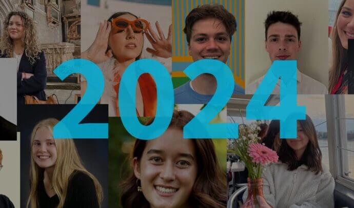 Une mosaïque de visages avec les chiffres 2024 au premier plan