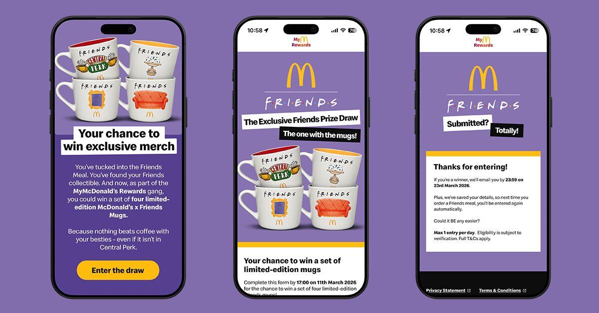 Friends Meal digital experience featuring three phone screens and a purple background