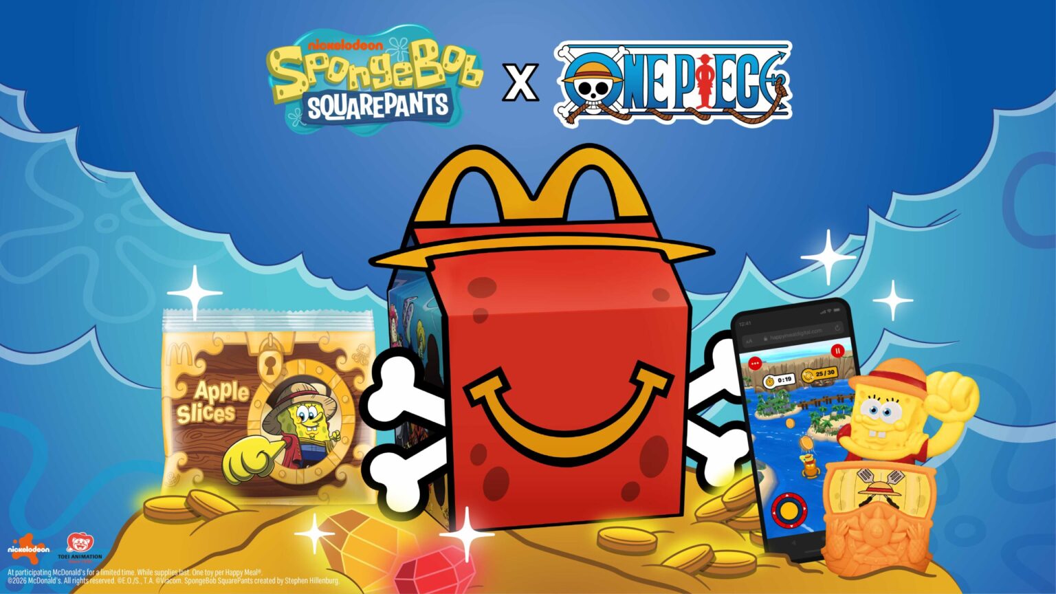 Spongebob SquarePants x ONE PIECE Happy Meal key visual with Happy Meal box, apple slices, and phone