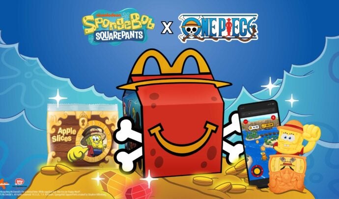 Spongebob SquarePants x ONE PIECE Happy Meal key visual with Happy Meal box, apple slices, and phone