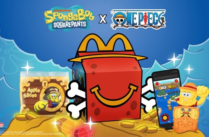 Spongebob SquarePants x ONE PIECE Happy Meal key visual with Happy Meal box, apple slices, and phone