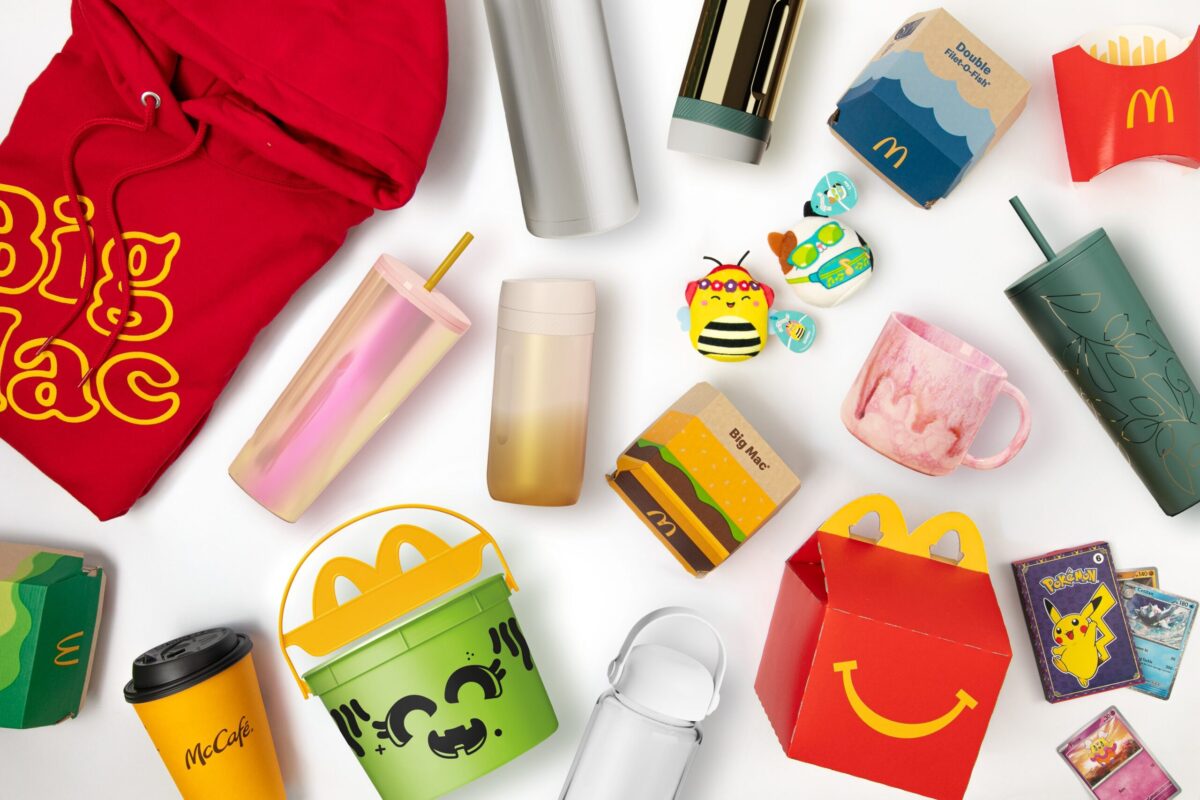 An array of drinkware, packaging, and merchandise tms has designed for clients